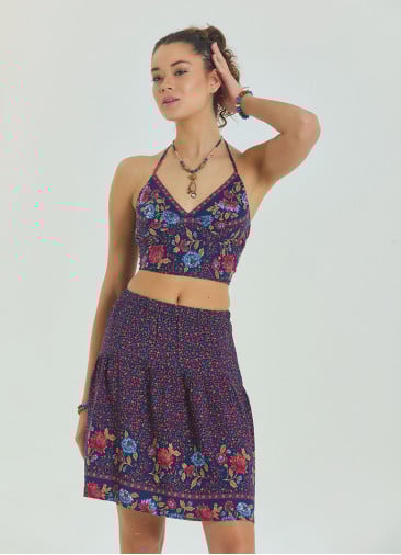 Halter Neck Open Back Pink Floral Crop Blouse 4615